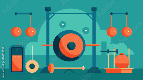 At a gym weights and workout machines are rep with the use of resonating drums and gongs creating a unique and revitalizing sound healing workout.. Vector illustration