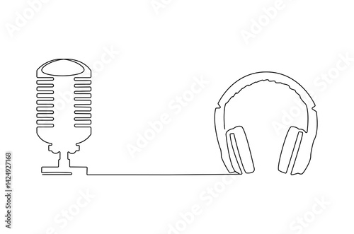 Continuous one line drawing of headphone speaker and microphone. Single line drawing illustration of Microphone and headphone template. Podcast concept vector art. Doodle line illustration.