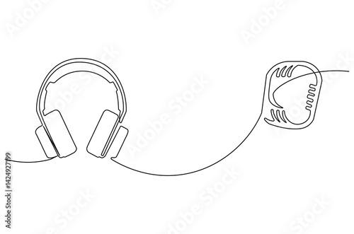 Continuous one line drawing of headphone speaker and microphone. Single line drawing illustration of Microphone and headphone template. Podcast concept vector art. Doodle line illustration.