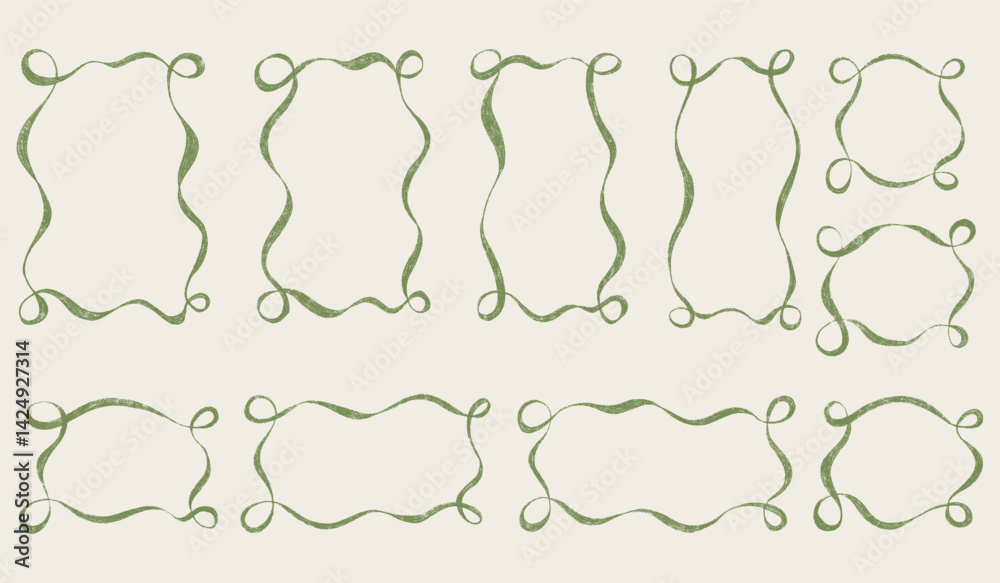 Hand drawn coquette girly ribbon frame set. Chalk wavy pencil texture doodle curly borders collection. Different sizes: wedding invitation, greeting card, postcard design. Vintage vector illustration