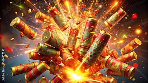 Vibrant 3D Render of Colorful Chinese New Year Firecrackers, Rule of Thirds Composition