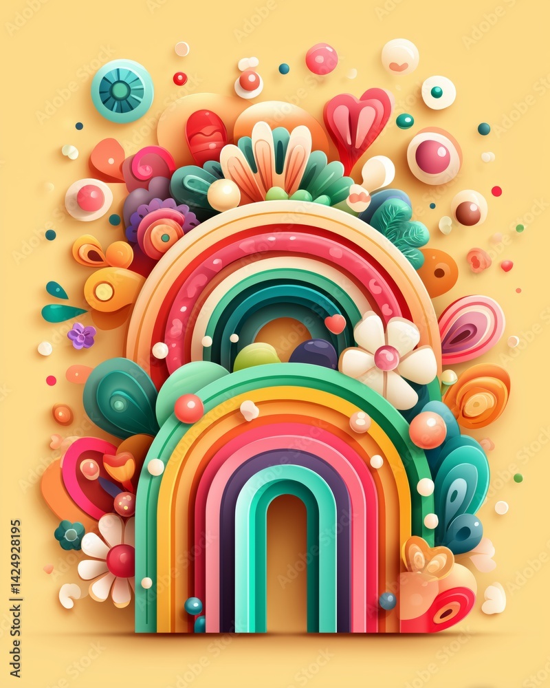 Fototapeta premium Colorful abstract design featuring layered rainbows and decorative elements. isolated illustration on solid pastel plain