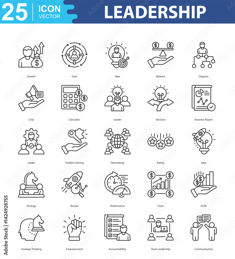 Leadership icon sheet vector growth, goal, idea, balance, diagram, chat, calculator, leader, decision, business report, leader, problem solving, networking, rating, idea, strategy, rocket, performance Leadership icon sheet vector growth, goal, idea, balance, diagram, chat, calculator, leader, decision, business report, leader, problem solving, networking, rating, idea, strategy, rocket, performance