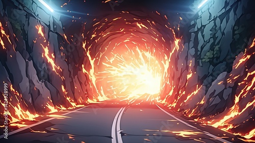 Dramatic volcanic lava tunnel with glowing molten rocks and fiery cracks along dark rocky walls, intense orange and red eruption illuminating the scene