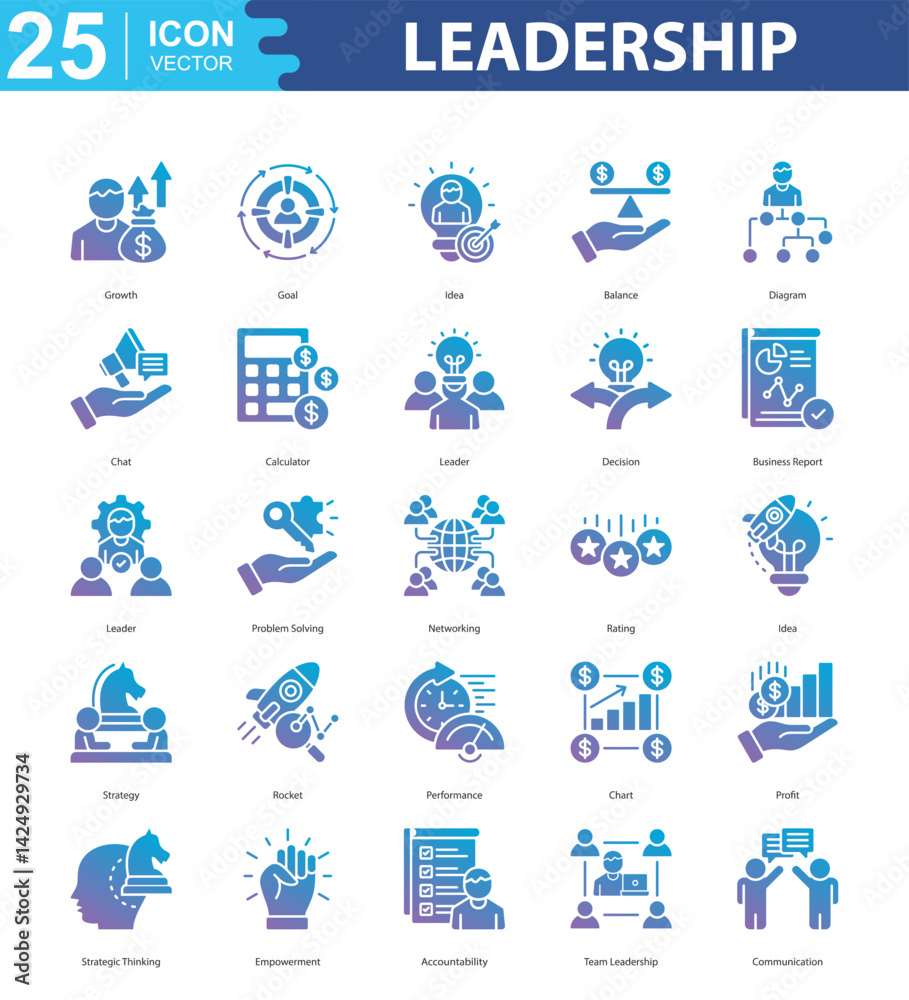 Fototapeta premium Leadership icon sheet vector growth, goal, idea, balance, diagram, chat, calculator, leader, decision, business report, leader, problem solving, networking, rating, idea, strategy, rocket, performance
