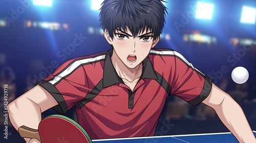 Intense young male athlete with short dark hair wea a sports jersey playing table tennis with a focused expression in a vibrant indoor sports arena