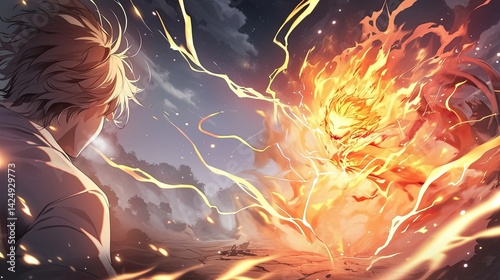 Intense fantasy battle scene between a young warrior and fiery dragon with lightning bolts, dramatic skies, and dynamic action in a fantasy landscape