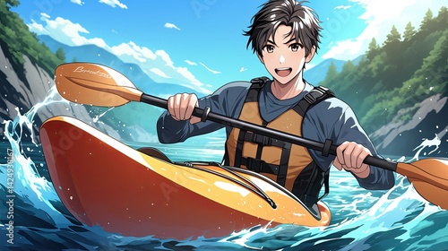 Youthful man kayaking on a fast flowing river surrounded by lush green mountains and bright blue skies du daytime, enjoying adventure outdoor activity