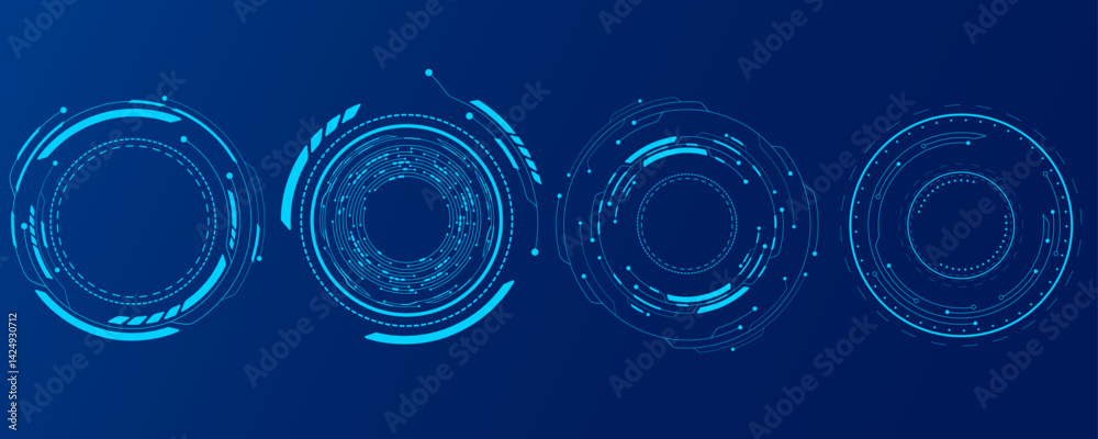 HUD circles set with electronics details on blue background for your tech design. Digital technology elements. Futuristic round frames. Vector illustration