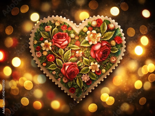 Vintage Floral Heart Postage Stamp Night Photography - Romantic Dark Background