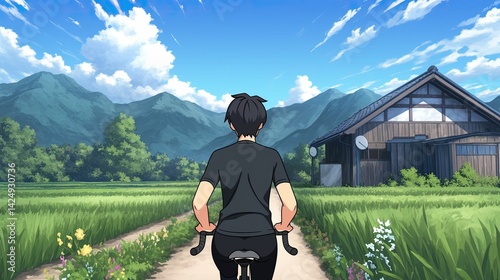 Vibrant scenic countryside landscape with lush green fields mountains blue sky fluffy clouds traditional wooden house peaceful rural countryside scene