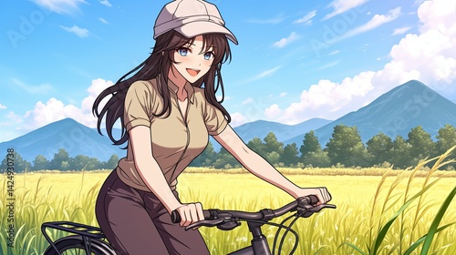 Anime style young woman riding a bicycle in a lush green field with mountains and blue sky background du daytime, cheerful outdoor activity scene