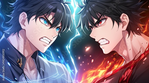 Intense anime style battle scene with two fierce male characters facing off with lightning and fiery energy effects illuminating their angry expressions