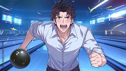 Intense anime scene featu a young male character with dark hair yelling in a futuristic sports arena with digital screens and energetic lighting