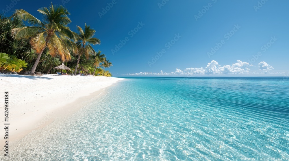 Fototapeta premium A serene tropical beach with clear turquoise water, white sand, and swaying palm trees under a bright blue sky.