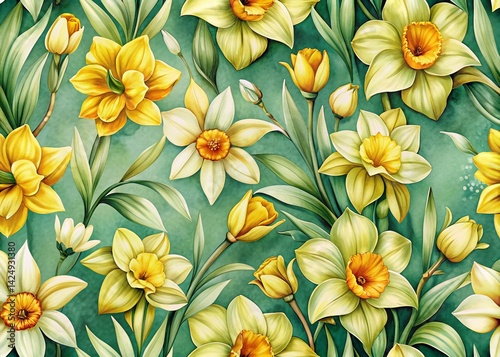 Wallpaper Mural Vintage Luxury Watercolor Daffodil Floral Pattern - Yellow Flowers & Green Leaves Long Exposure Torontodigital.ca