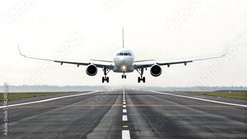 Airplane Landing Front View of Jetliner Approaching Runway