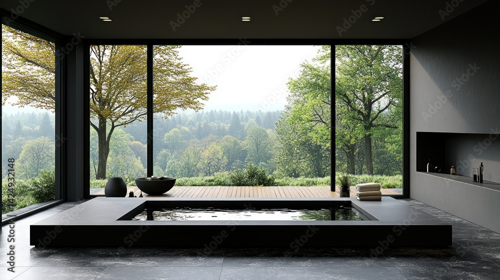 Fototapeta premium Modern minimalist bathroom with panoramic forest view
