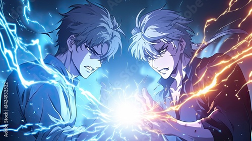 Dynamic anime style illustration of two male characters with intense expressions surrounded by lightning and energy effects in a high action scene