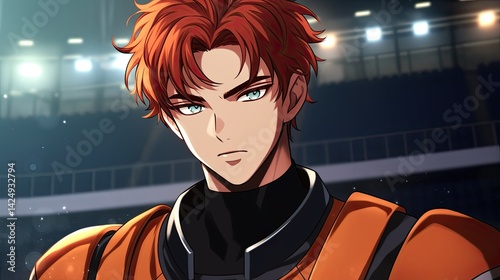 Artistic anime style male character with striking blue eyes and fiery red hair in a sports arena wea black and orange sportswear with intense expression