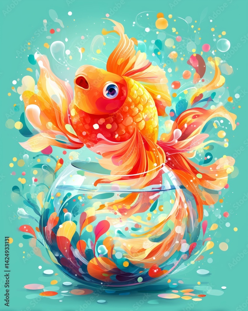 Obraz premium Vibrant goldfish swimming in a colorful, whimsical fishbowl. isolated illustration on solid pastel plain