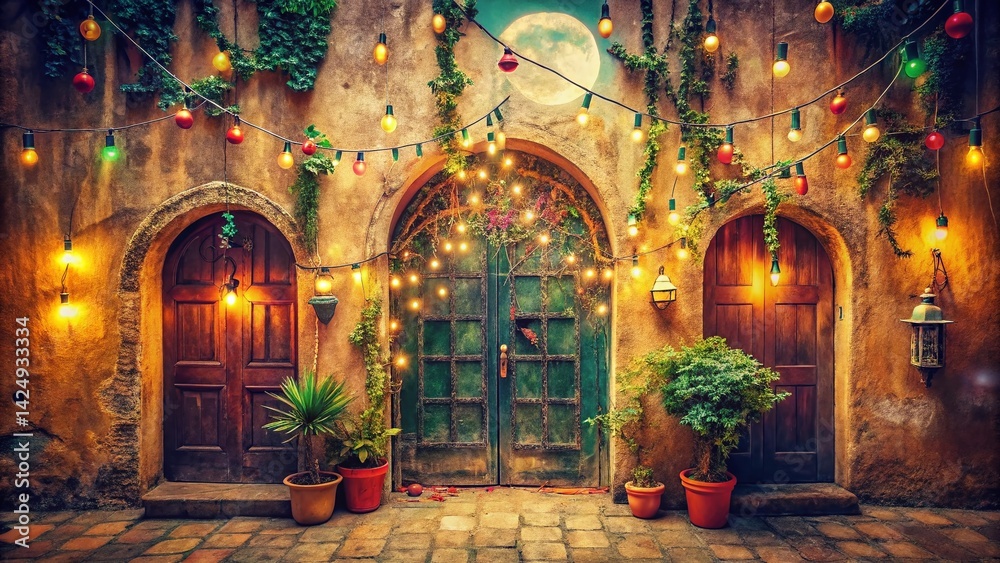 Obraz premium Vintage Playful Doorways: Crescent Moon & Garland Archways