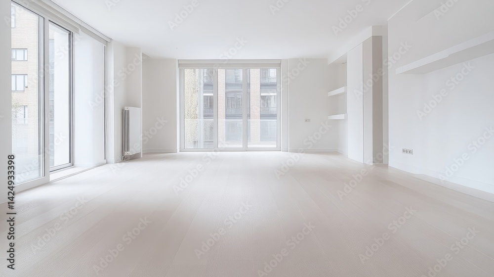 Fototapeta premium Empty Room Large Windows Minimalist Style Brightly Lit Wide Angle View Modern Design Spacious Interior Ready for Renovation Clean White Tones Ideal for Real Estate Listings
