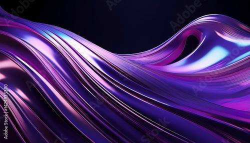 Abstract image of flowing purple fabric with iridescent highlights against a dark background. The fabric is smooth and glossy, with a three dimensional form creating a sense of movement and depth