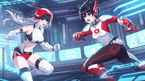 Futuristic digital art of two anime-style female characters in action poses with sci-fi helmets and outfits in a high-tech neon-lit environment
