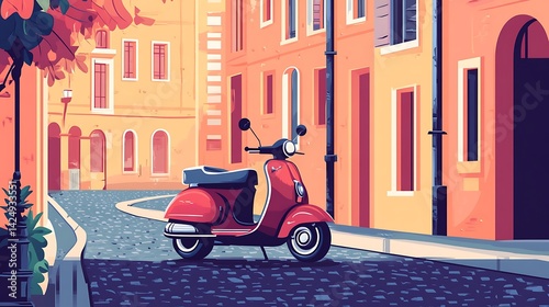 Red Scooter with Cobblestone Street, and Italy.