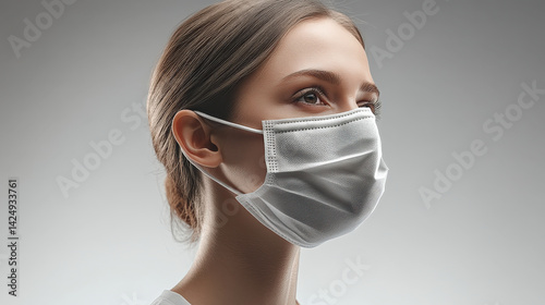 person wearing white face mask looks thoughtfully into distance, set against neutral background. mask covers nose and mouth, emphasizing safety and protection