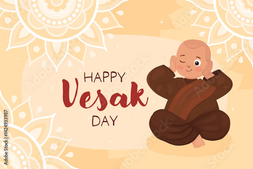Happy Vesak day, card for buddhist holiday. Cute character, little boy Buddhist monk in brown clothes. 