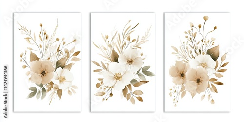 Watercolor beige and white floral triptych wall art.