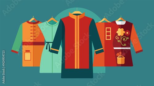 A display of traditional Chinese clothing including silk robes and embroidered jackets sourced from local thrift shops.. Vector illustration