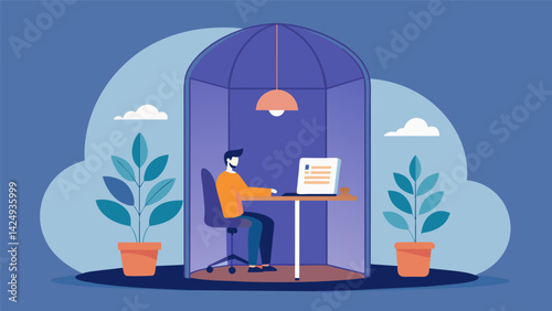 A work pod is set up in a quiet corner of the office where employees can take a few minutes to practice deep breathing and stretching exercises in. Vector illustration