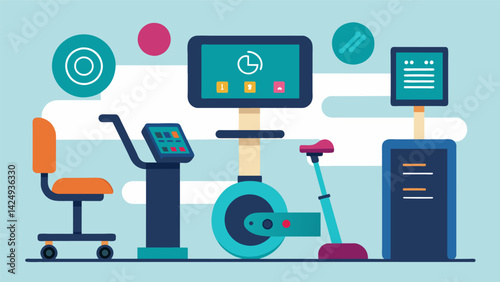 Exercise machines with touch screen displays and large font options catering to users with visual or cognitive disabilities.. Vector illustration