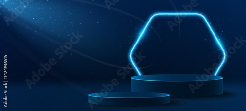3D Podium with glowing hexagonal neon arc to display your brand product. Fashion scene with light effect of searchlight for sale design. Trendy pedestal background. Vector illustration