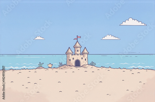 A charming cartoon avatar depicts a sandcastle on a beach, under a tranquil blue sky with fluffy clouds.  The scene evokes a peaceful, idyllic summer day.