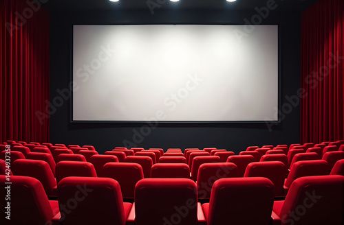 cinema auditorium with red velvet chairs and blank mockup screen ready for customization, Empty seats in  movie theater