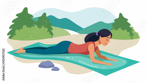 A woman lies on a mat near a babbling brook using the sound of the water to enhance her relaxation as she stretches her neck and shoulders.. Vector illustration