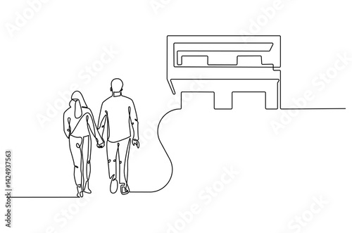 Continuous one line drawing of couple's dream house. Single line drawing illustration of couple looking at the dream house. Real estate concept vector art. Doodle line illustration.