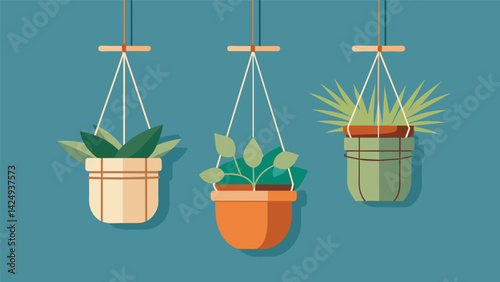 A DIY macrame plant hanger made from thrifted rope and containers hanging from the ceiling to add a natural and sustainable touch.. Vector illustration