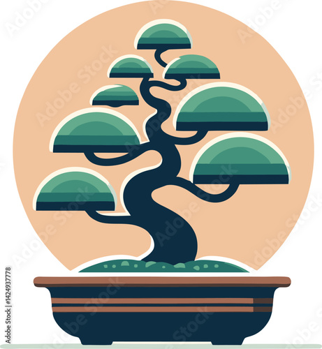Minimalist Flat Vector Hinoki Cypress Bonsai. Stylized Teal Bonsai Tree in Peach Circle, Minimalist Vector Illustration