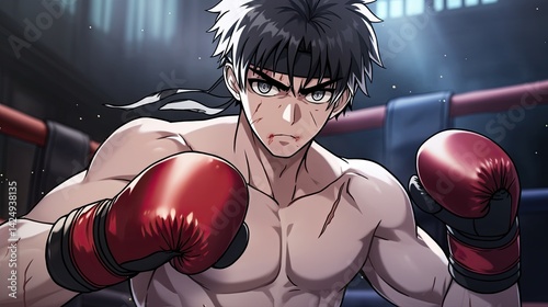 Intense anime style male boxer with black hair and headband in a boxing du a match with detailed shadows and dramatic lighting photo