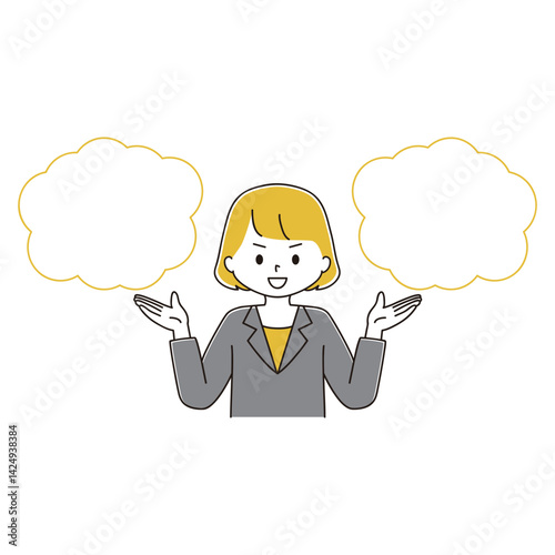 ２つを比較するスーツ姿の女性のイラスト　フキダシ　笑顔