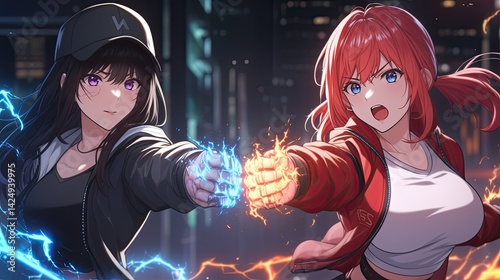 Dynamic anime style characters with glowing fists engaging in a fierce battle at night in a city street with bright lights and dramatic action scene