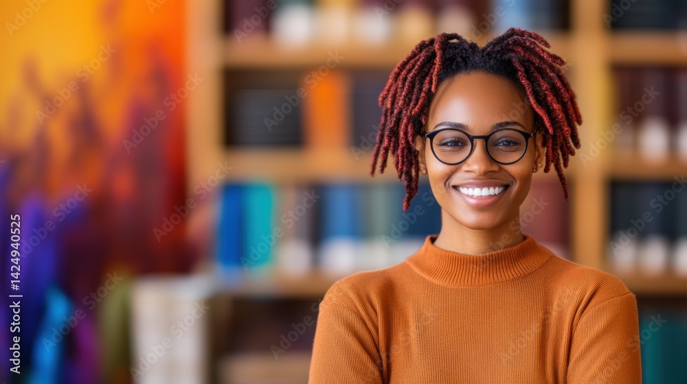 Fototapeta premium A joyful young woman with curly hair and glasses stands confidently in a library surrounded by shelves of colorful books