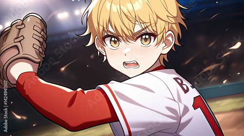 Intense anime baseball player with dynamic action pose, detailed facial expression, vibrant colors, and background of a busy sports field in a modern anime style