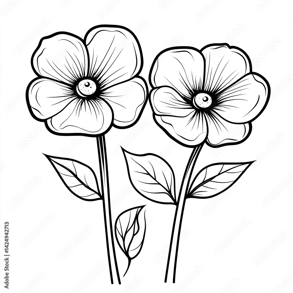 Two simple line drawing flowers with leaves. Two simple line drawing flowers with leaves.