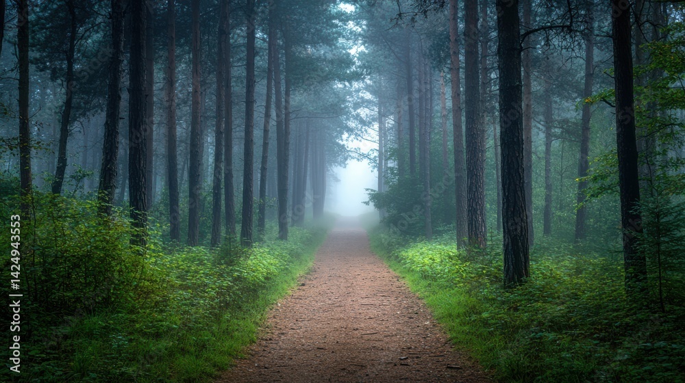 Fototapeta premium Forest pathway shrouded in morning mist, inviting exploration